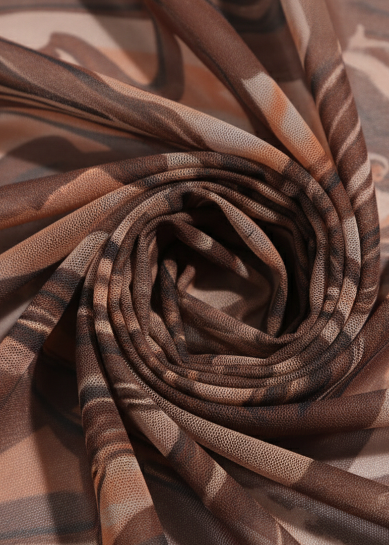 Brown Marble Mesh Bodycon Side Drawstring Detail Midi Dress