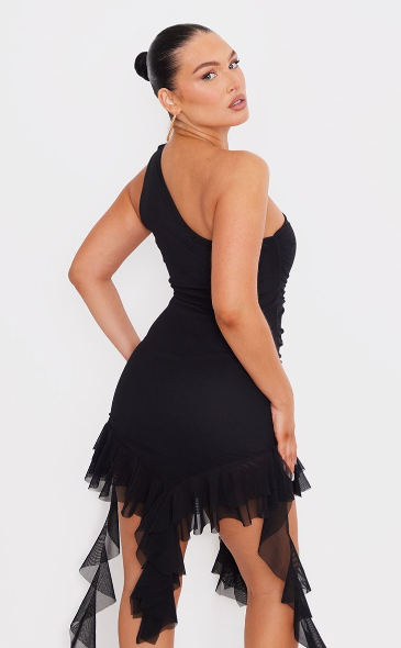 Black Mesh One Shoulder Draped Frill Detail Bodycon Dress – Missagi