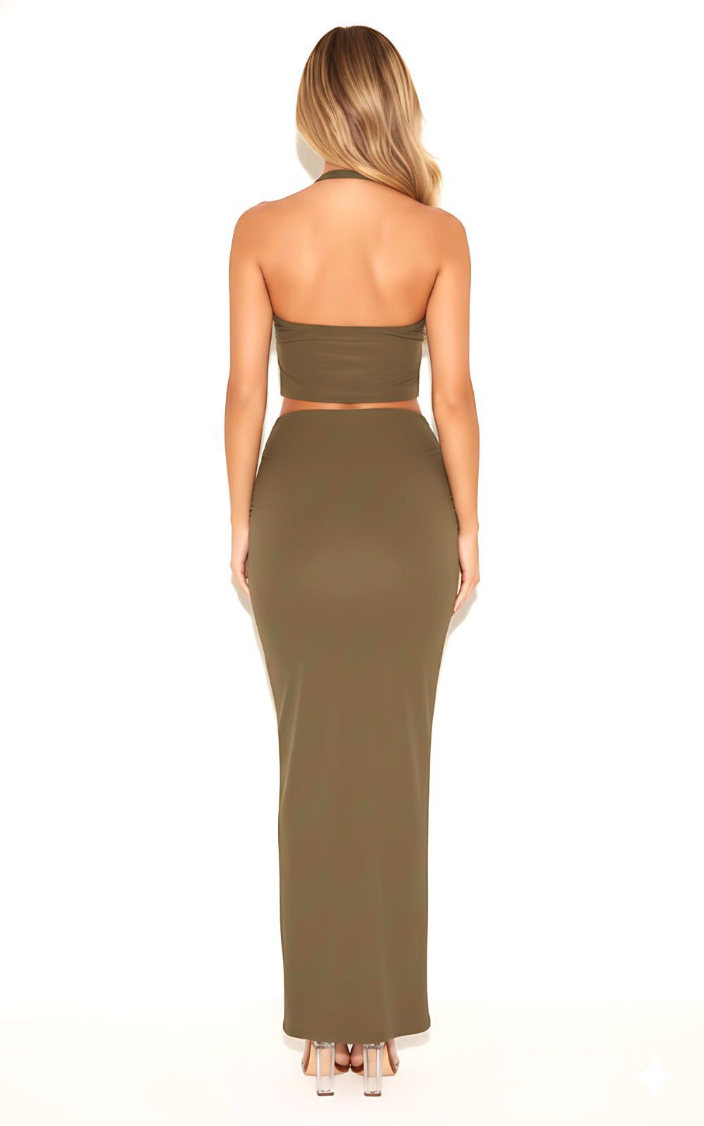 Olive Green Stretch Fit Classic High Waist Draped Maxi Skirt