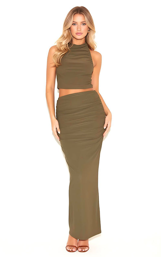 Olive Green Stretch Fit Classic High Waist Draped Maxi Skirt