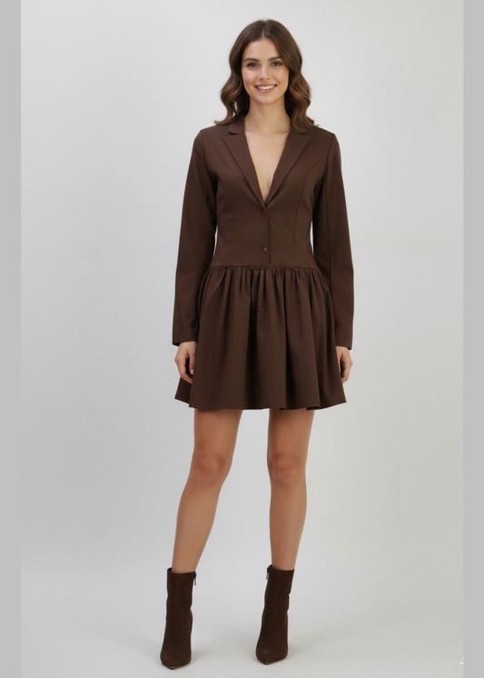 Brown Tailored Long Sleeve V-Neck Blazer Dress