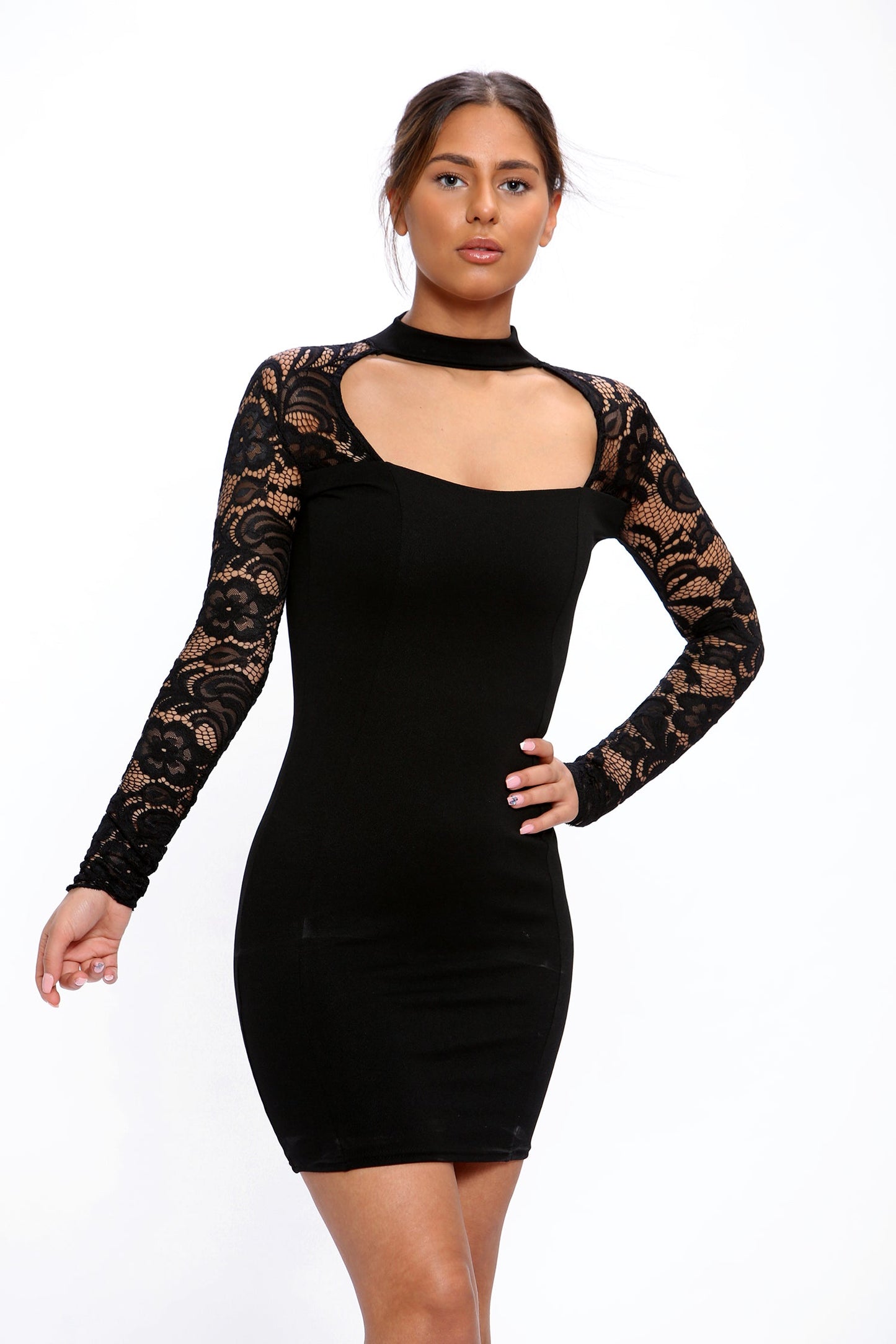 High Neck Cut Out Lace Long Sleeves Mini Dress - Mini Dress - Avinci