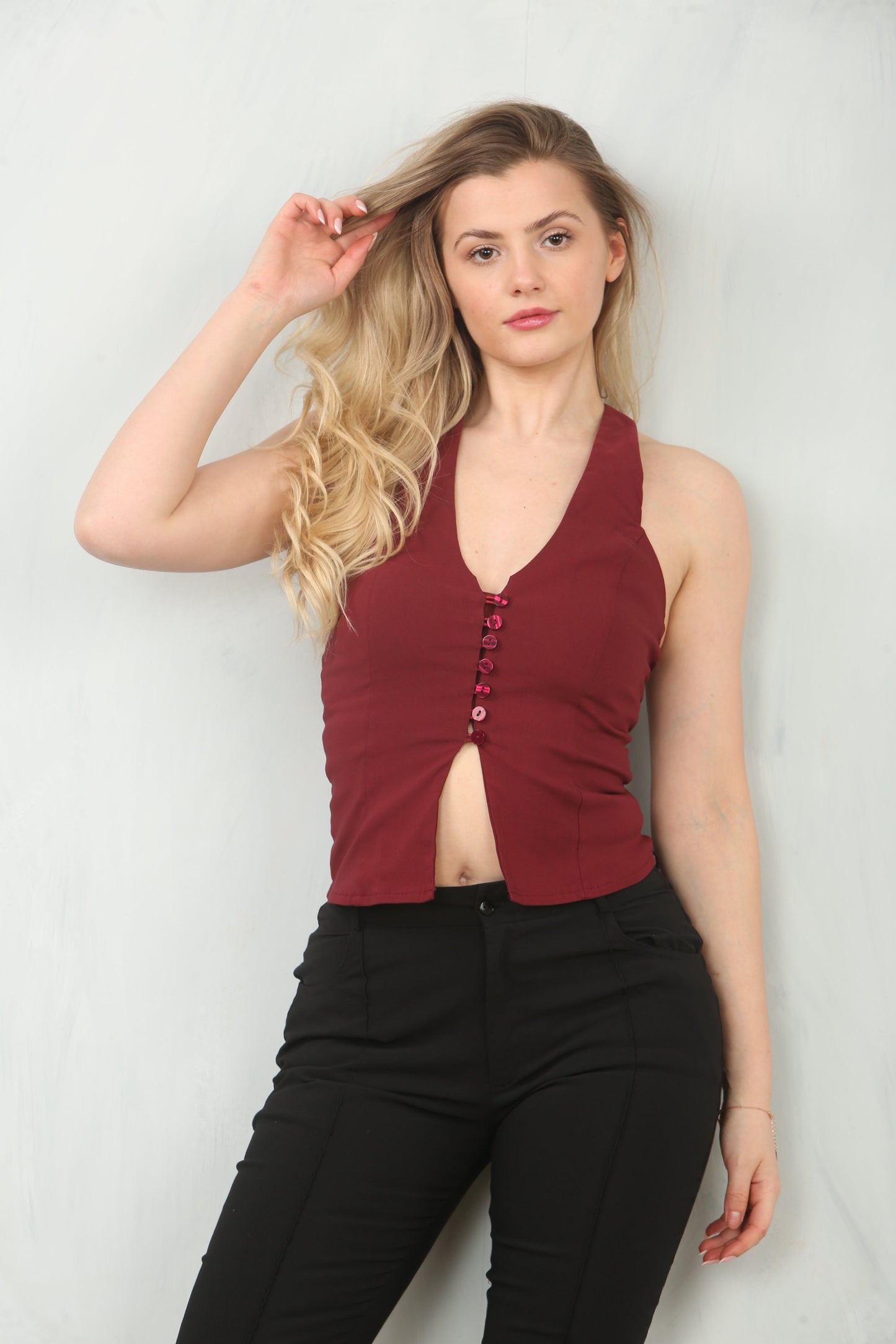 Bold Wine Color Halter Neck Top - Tops - Avinci