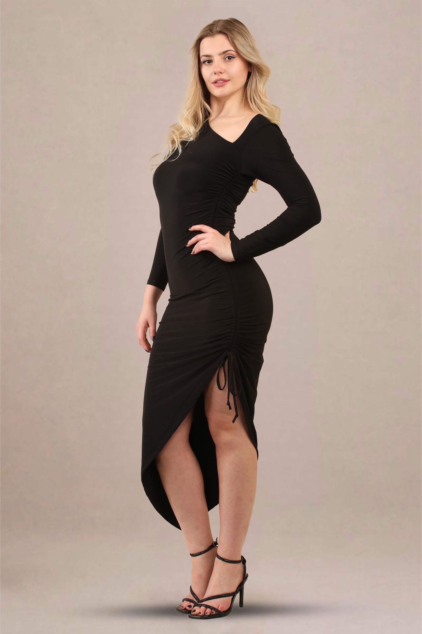 One-shoulder asymmetrical ruched midi bodycon dress side left view