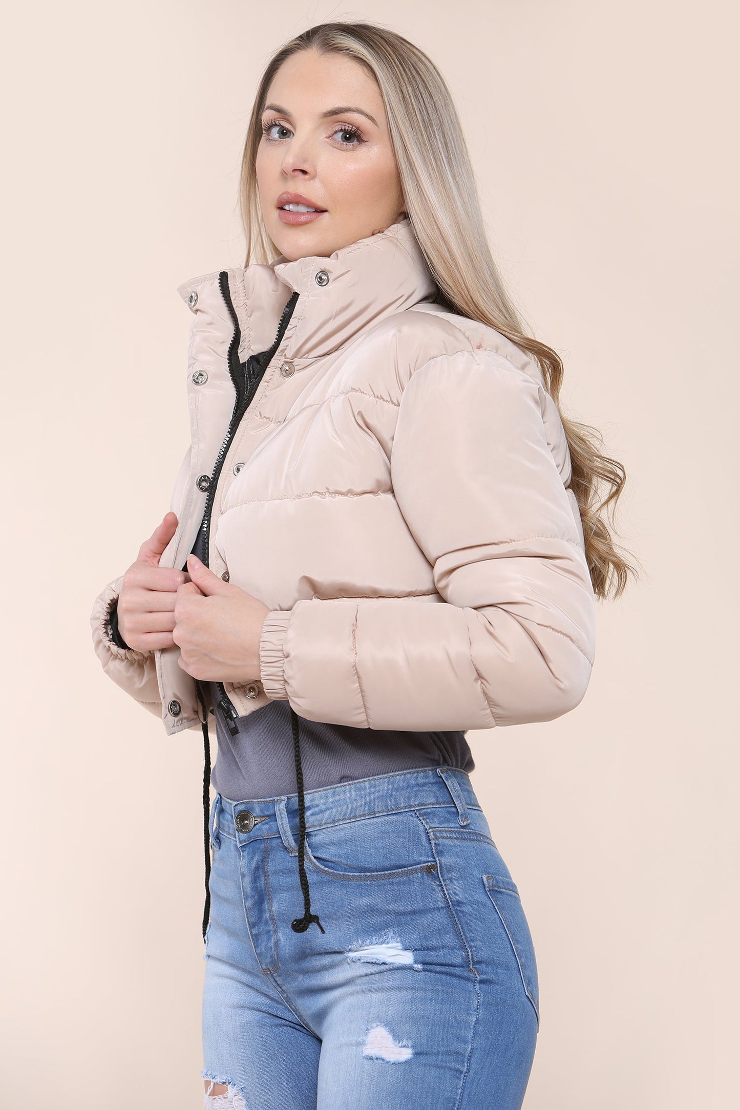 Left side view of quilted outerwear stylish winter puffer jacket