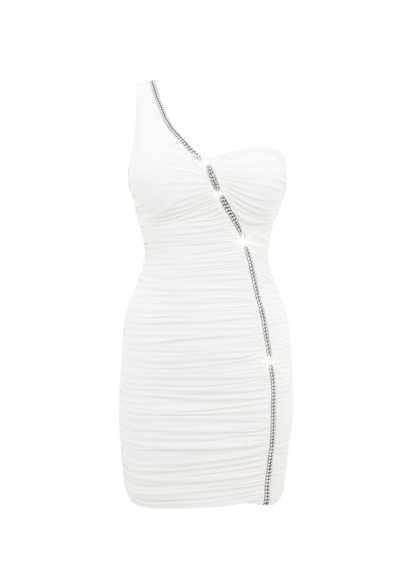 White One Shoulder Ruched Rhinestone Trim Mini Dress