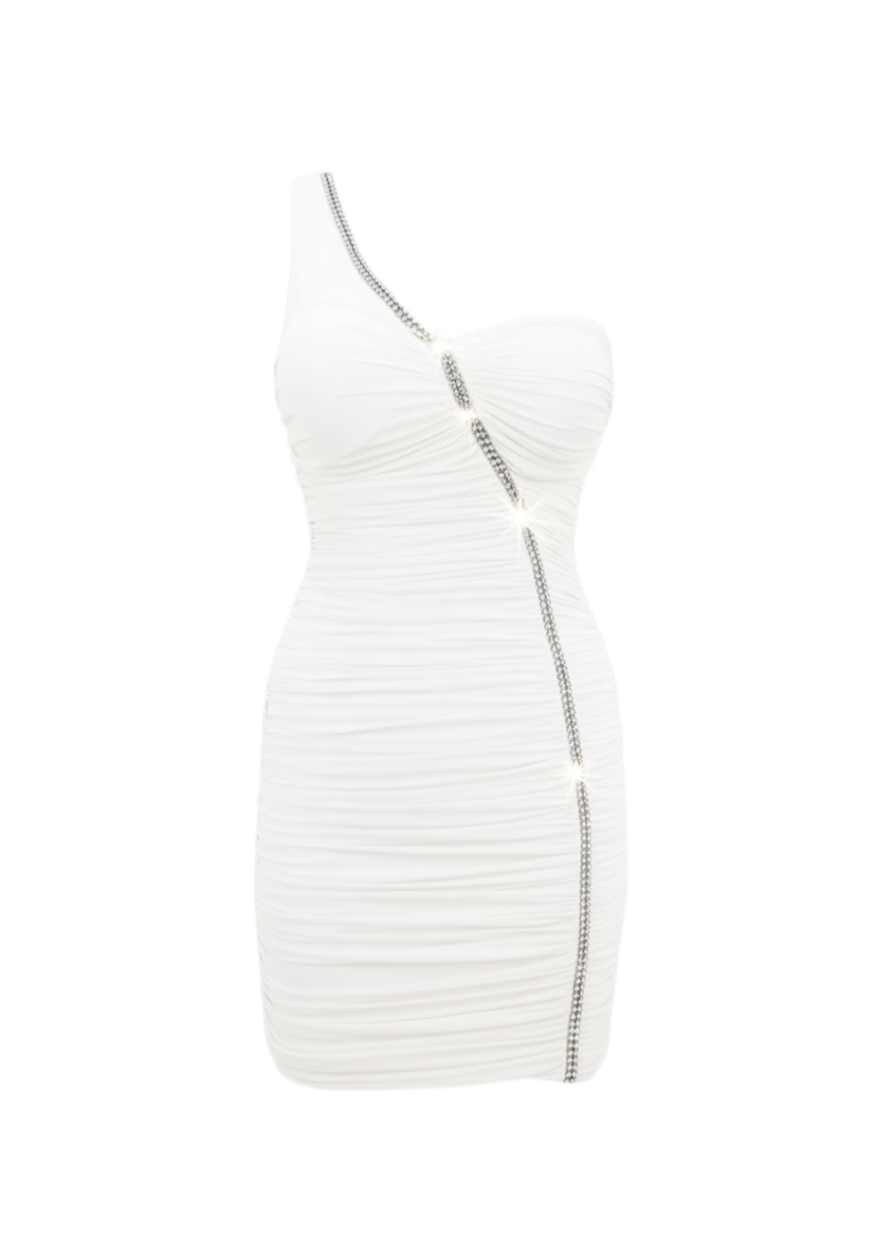 White One Shoulder Ruched Rhinestone Trim Mini Dress