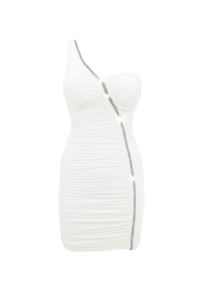 White One Shoulder Ruched Rhinestone Trim Mini Dress