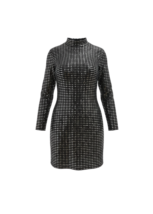 Silver Stripped Nylon Metallic Sequin Long Sleeve Bodycon Mini Dress