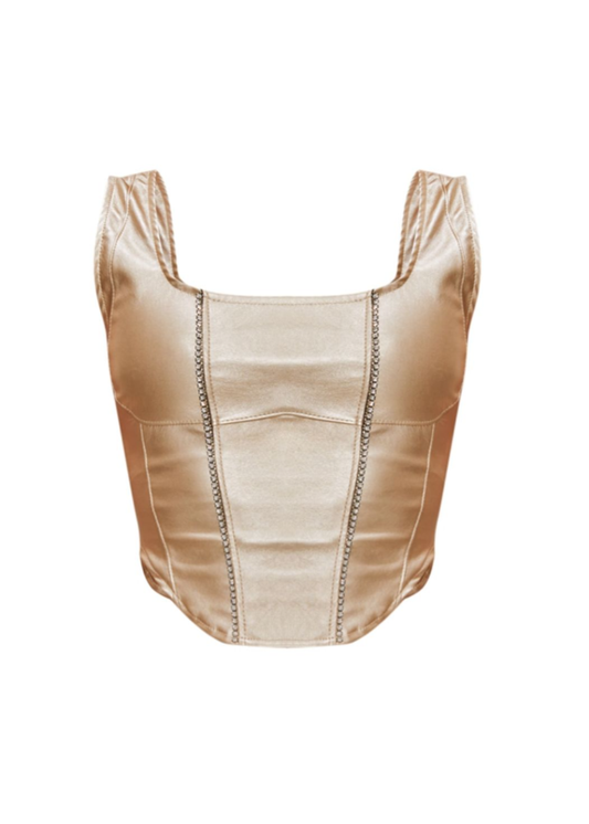 Gold Faux Leather Square Neckline Corset Top
