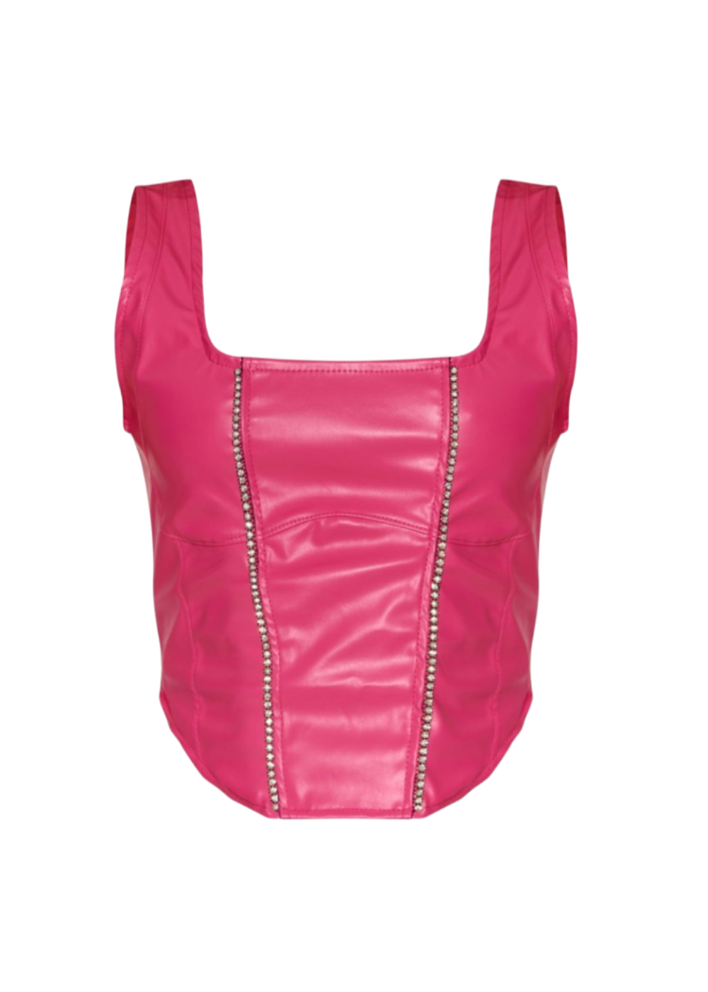 Hot Pink Faux Leather Square Neckline Diamante Top