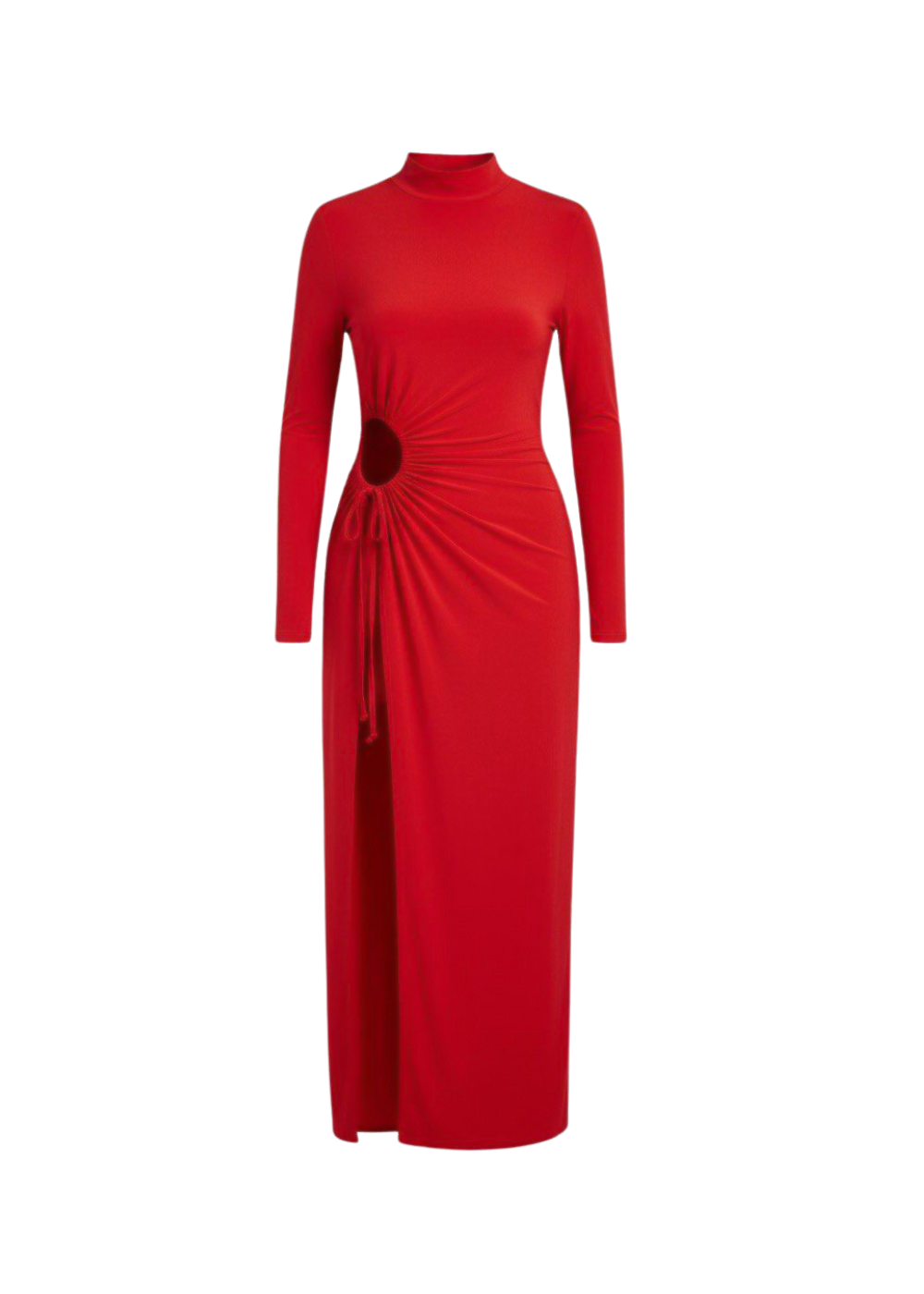 Red Ruched Cut-Out High Neck Thigh Slit Maxi Dress