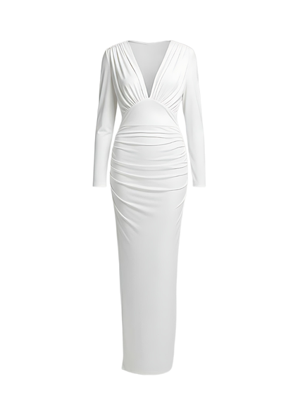 White Long Sleeve Deep V-Neck Ruched Bodycon Maxi Dress