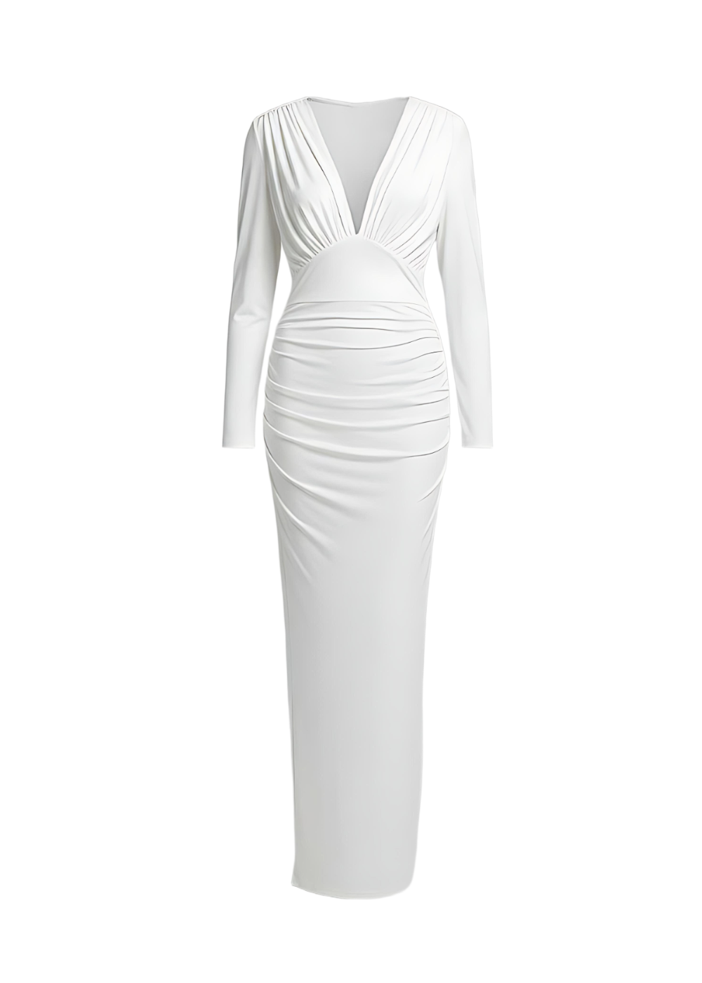 White Long Sleeve Deep V-Neck Ruched Bodycon Maxi Dress