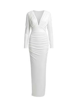 White Long Sleeve Deep V-Neck Ruched Bodycon Maxi Dress