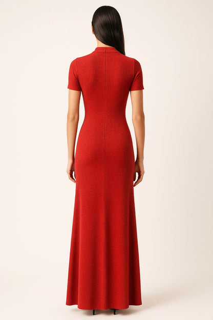 Red Keyhole Detailed Sparkly Slim Fit High Neckline Maxi Dress
