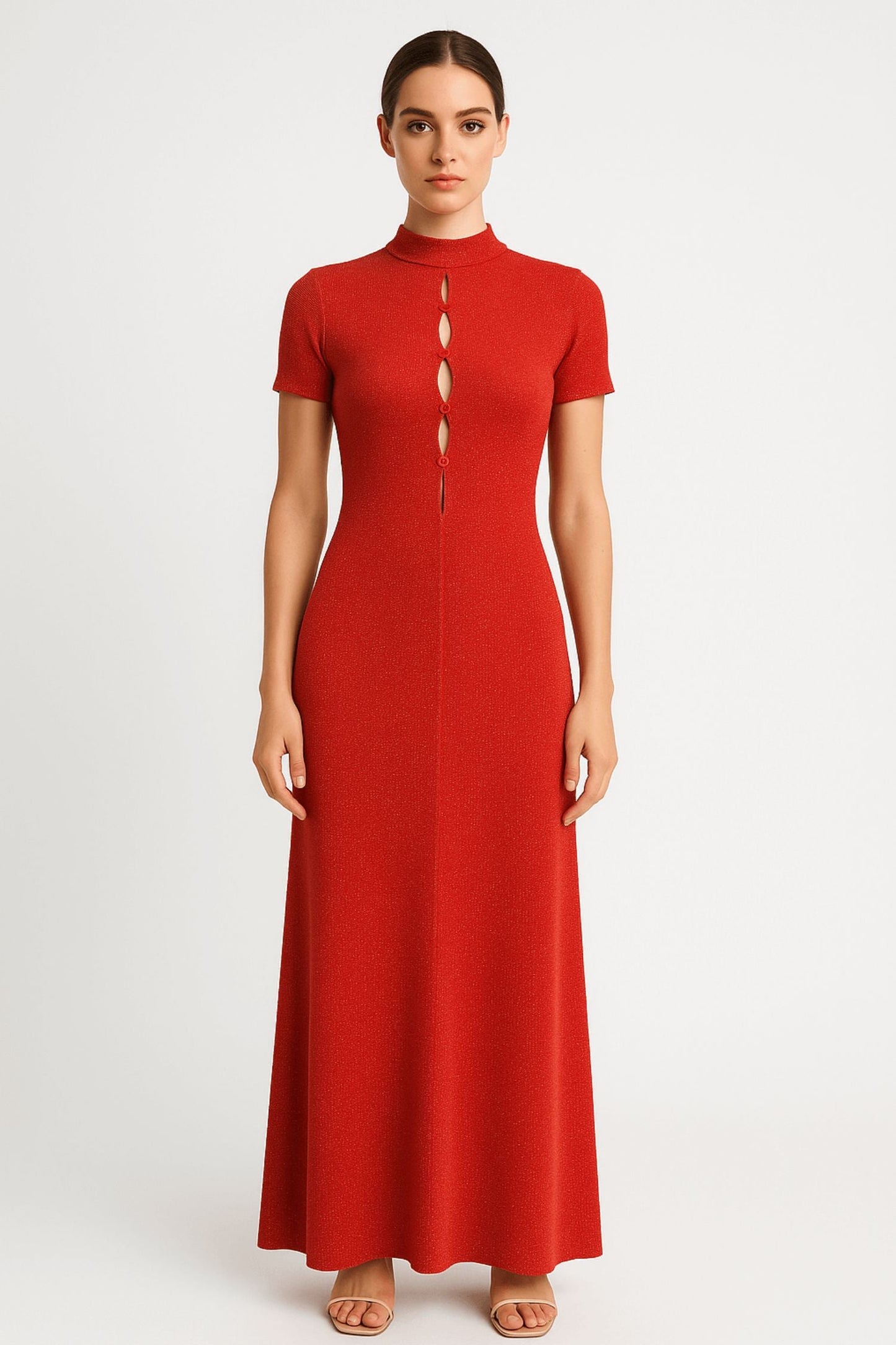 Red Keyhole Detailed Sparkly Slim Fit High Neckline Maxi Dress