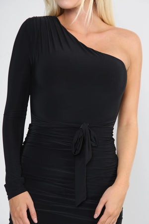 One Shoulder Ruched Slinky Midi Dress