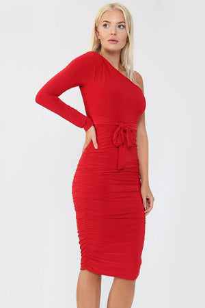 One Shoulder Ruched Slinky Midi Dress