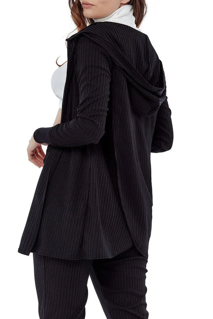 Black Ribbed Loungewear Set with Hoodie Cardigan and Leggings