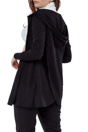 Black Ribbed Loungewear Set with Hoodie Cardigan and Leggings