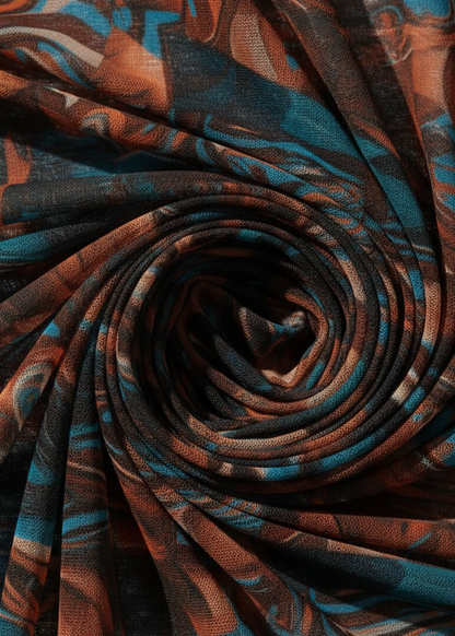 Blue Marble Mesh Bodycon Side Drawstring Detail Midi Dress