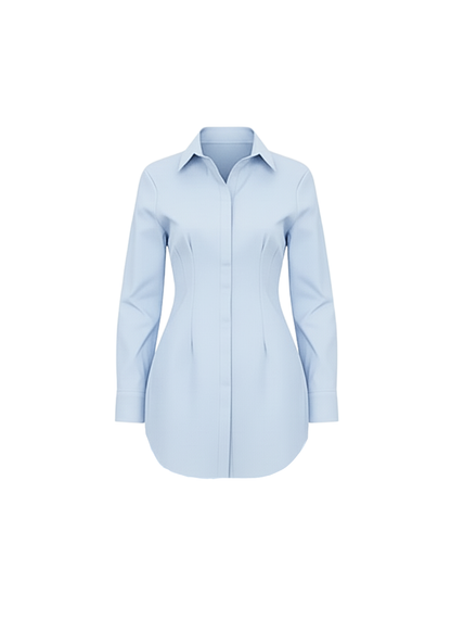 Baby Blue Classic Shirt Mini Dress Button Down Long Sleeve Fitted Style