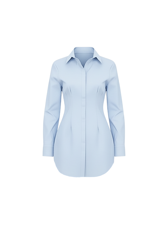 Baby Blue Classic Shirt Mini Dress Button Down Long Sleeve Fitted Style