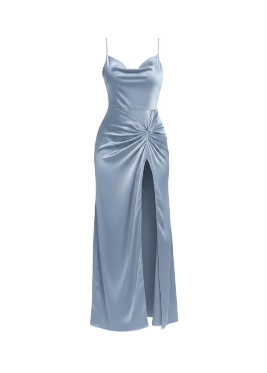 Baby Blue Satin Cowl Neck Maxi Dress With Slit