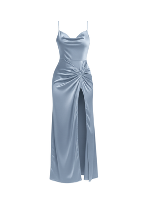 Baby Blue Satin Cowl Neck Maxi Dress With Slit