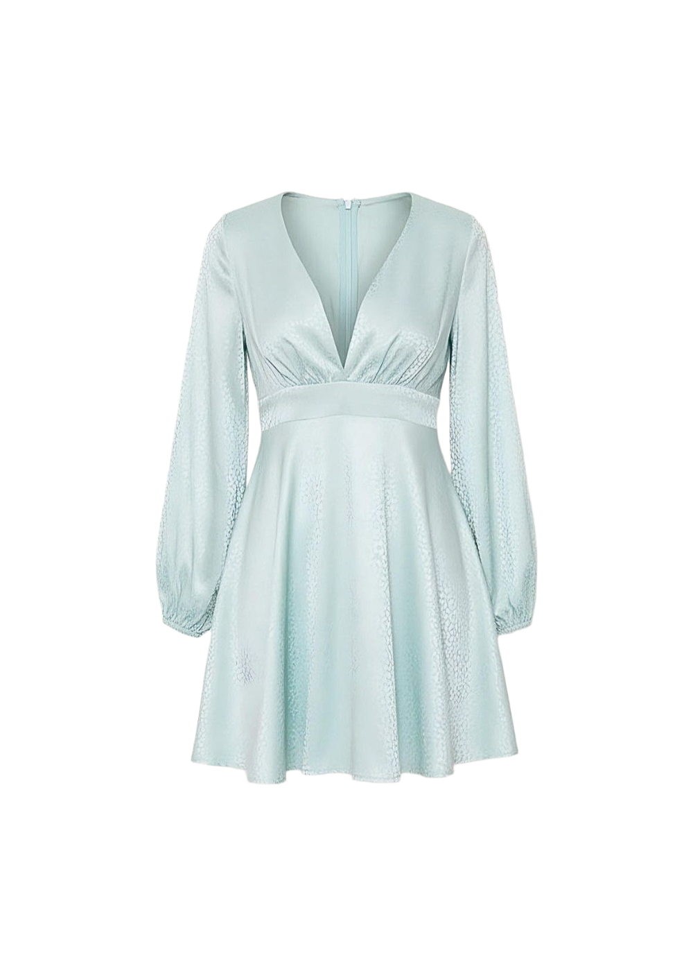 Baby Blue Satin Stitched Waist Mini Dress Long Sleeve Flowing Silhouette