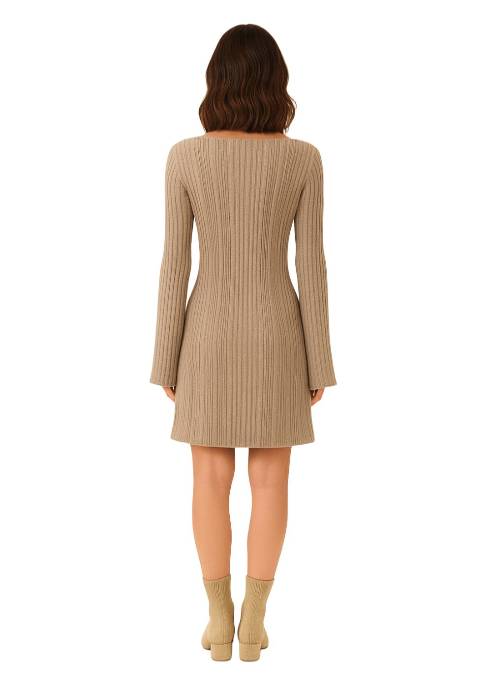 Beige Boat Neck Casual Ribbed Knit Bodycon Mini Dress