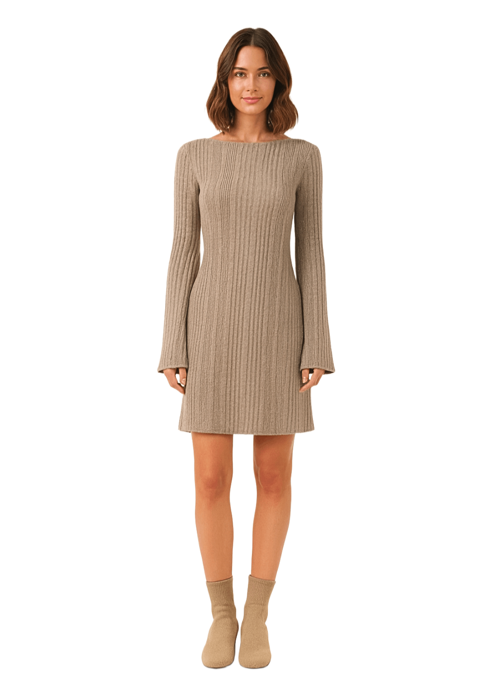 Beige Boat Neck Casual Ribbed Knit Bodycon Mini Dress