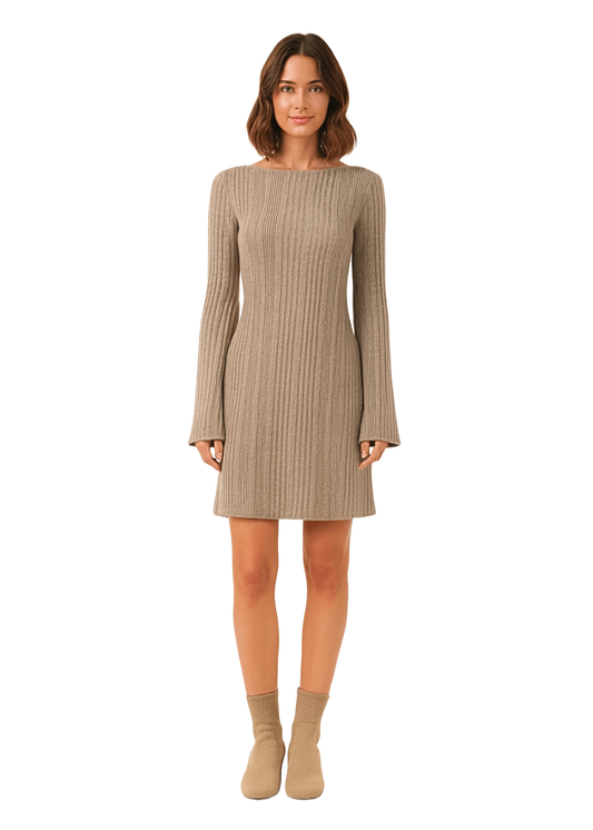 Beige Boat Neck Casual Ribbed Knit Bodycon Mini Dress