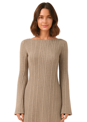 Beige Boat Neck Casual Ribbed Knit Bodycon Mini Dress