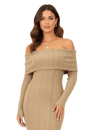 Beige Folded Bardot Neckline Ribbed Knit Off Shoulder Dress