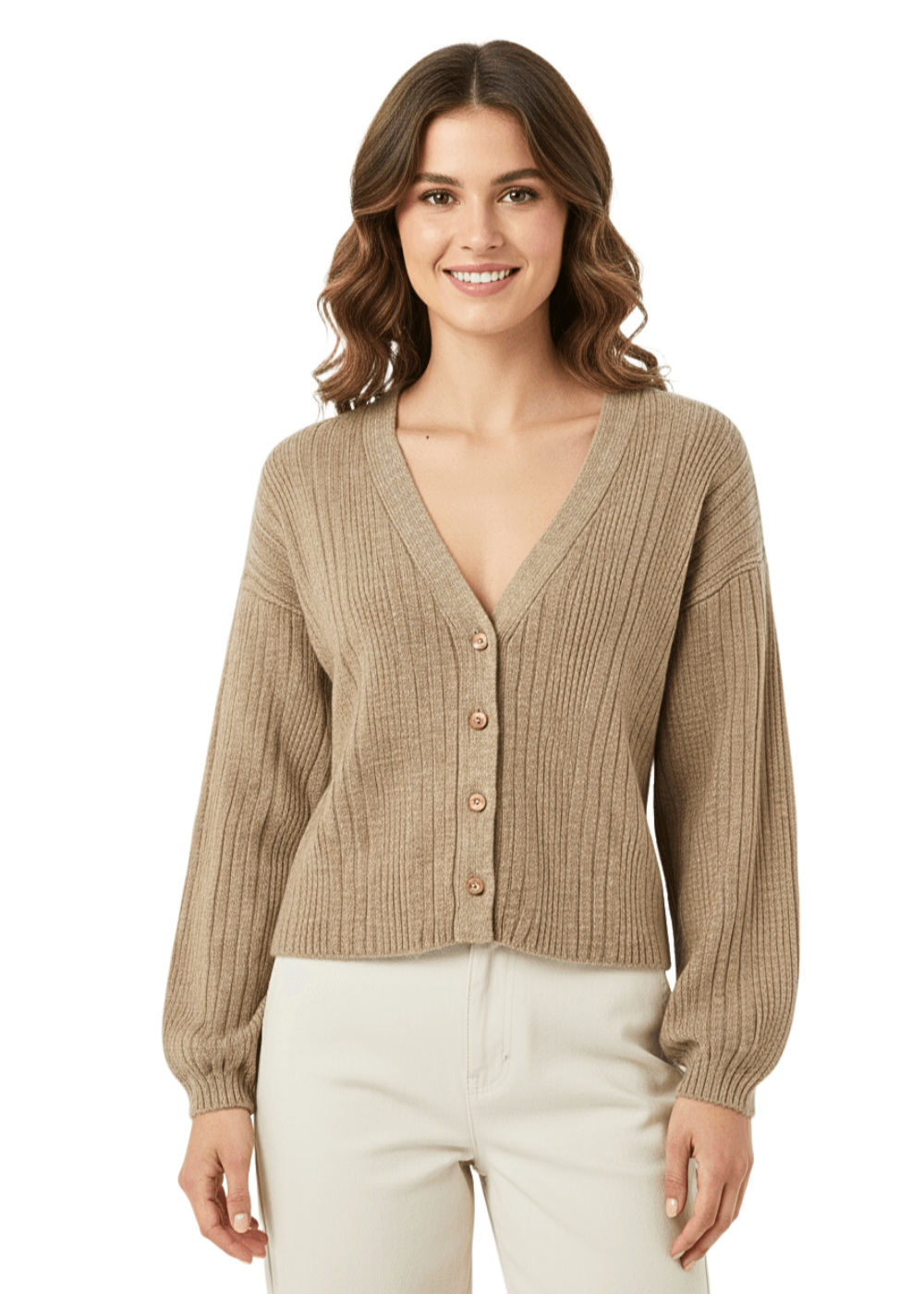Beige Lightweight Classic Front Button Ribbed V-Neck Top