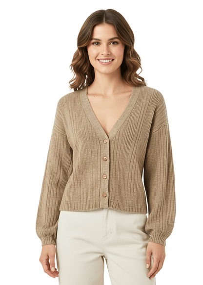 Beige Lightweight Classic Front Button Ribbed V-Neck Top
