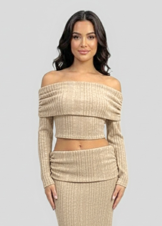 Beige Off-Shoulder Melange Brush Knitted Co-ord Set