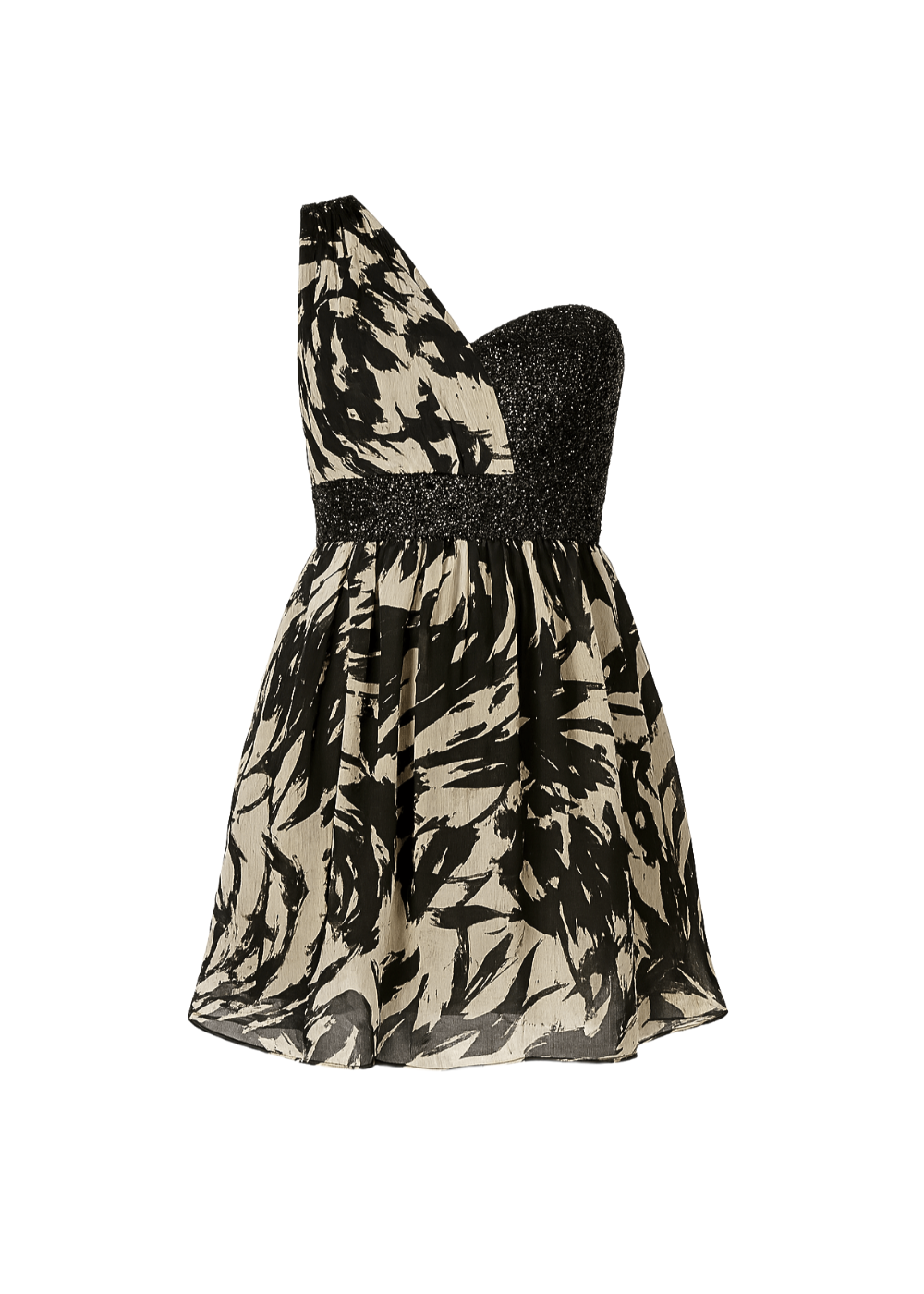 Black Beige Chiffon One Shoulder Evening Style Mini Dress