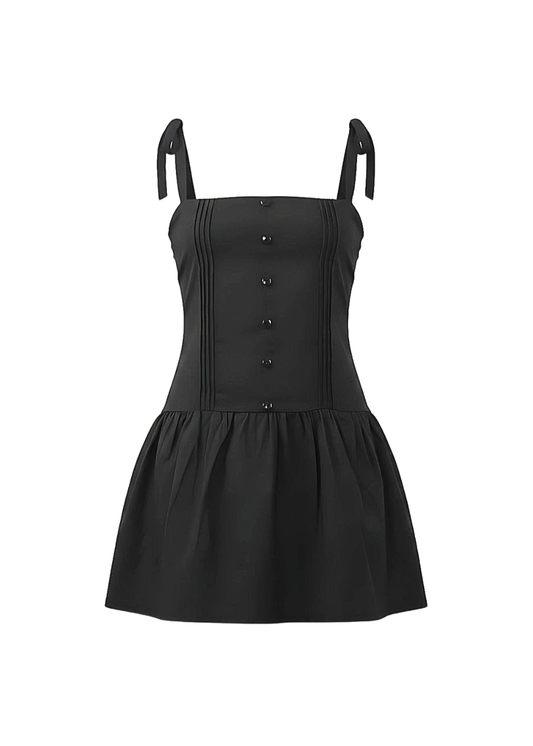 Black Button-Down Strap Mini Dress Bodice & Flared Hem