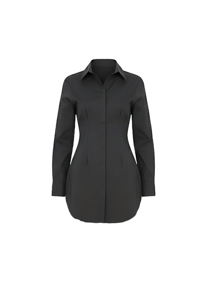 Black Classic Shirt Mini Dress Button Down Long Sleeve Fitted Style