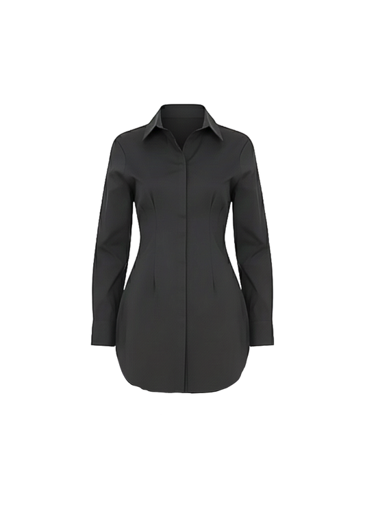 Black Classic Shirt Mini Dress Button Down Long Sleeve Fitted Style