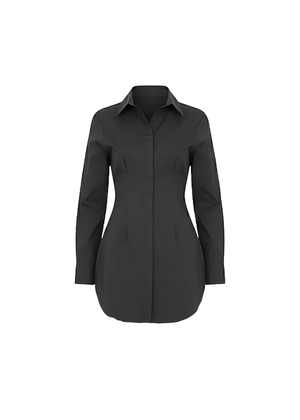 Black Classic Shirt Mini Dress Button Down Long Sleeve Fitted Style