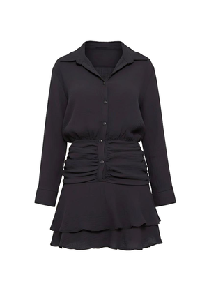 Black Collared Long Sleeve Button Up Frill Mini Dress
