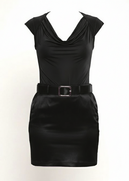 Black Cowl Neck Satin Short Sleeve Belted Mini Dress