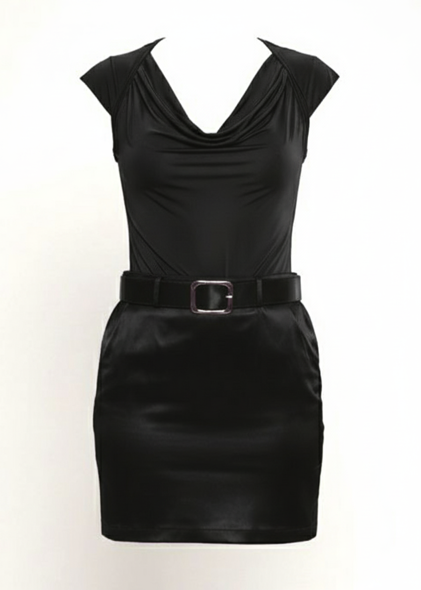 Black Cowl Neck Satin Short Sleeve Belted Mini Dress