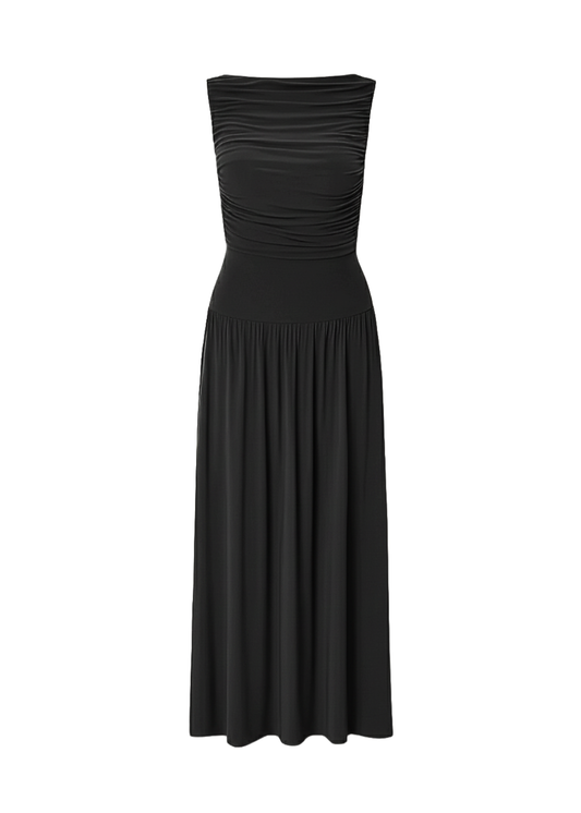 Black Draped Bodice Jersey Flowy Skirt Style Evening Dress