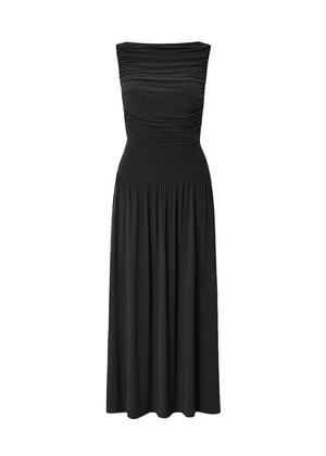 Black Draped Bodice Jersey Flowy Skirt Style Evening Dress