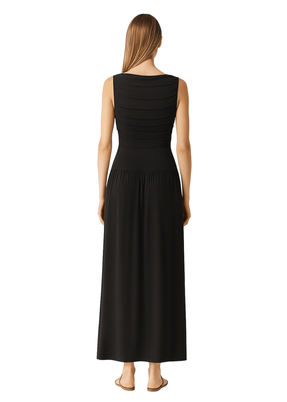 Black Draped Bodice Jersey Flowy Skirt Style Evening Dress